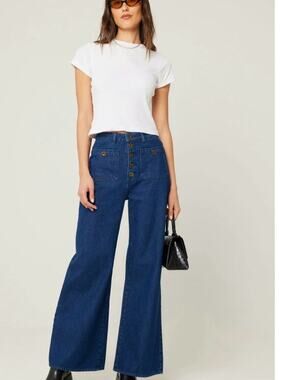 NEW ROLLA'S STUDIO FLARE Dark Blue High-Rise Wide-Leg Button-Front Jeans SZ 26